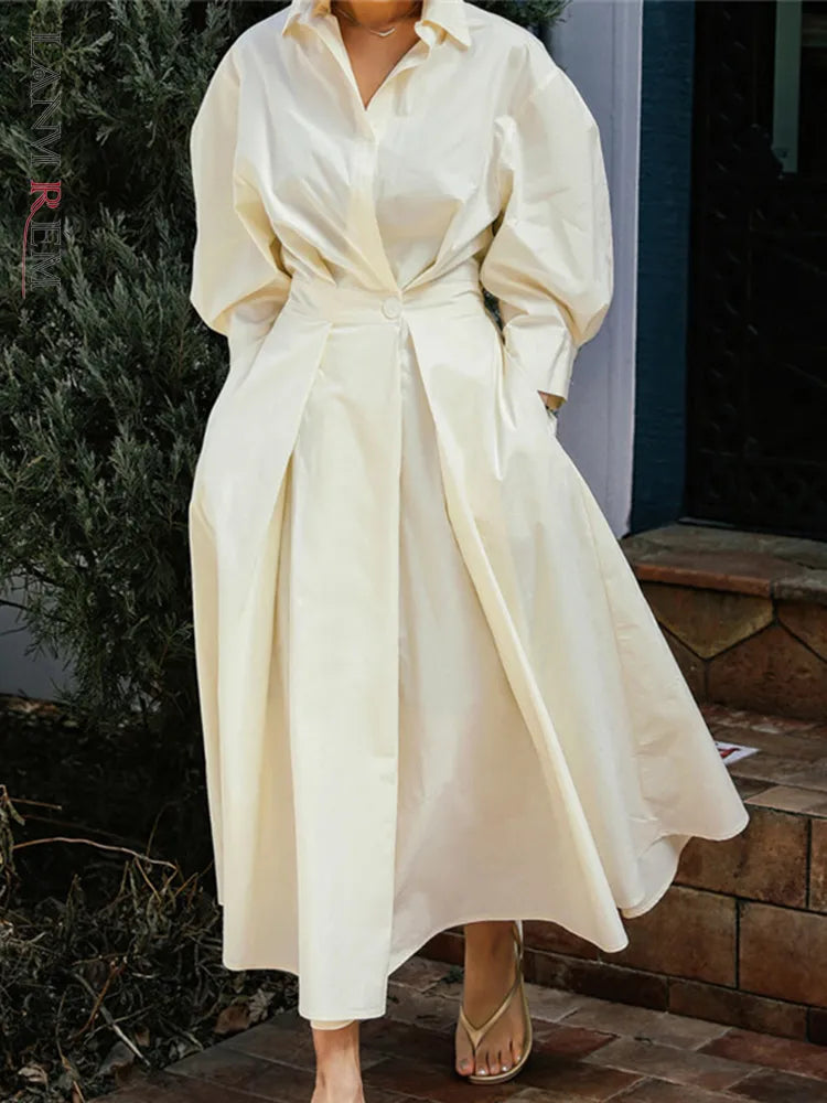 LANMREM Korean Dress For Women Lapel Single Button Long Sleeves Designer Dresses Spliced Female Clothing 2023 New 2YA1422